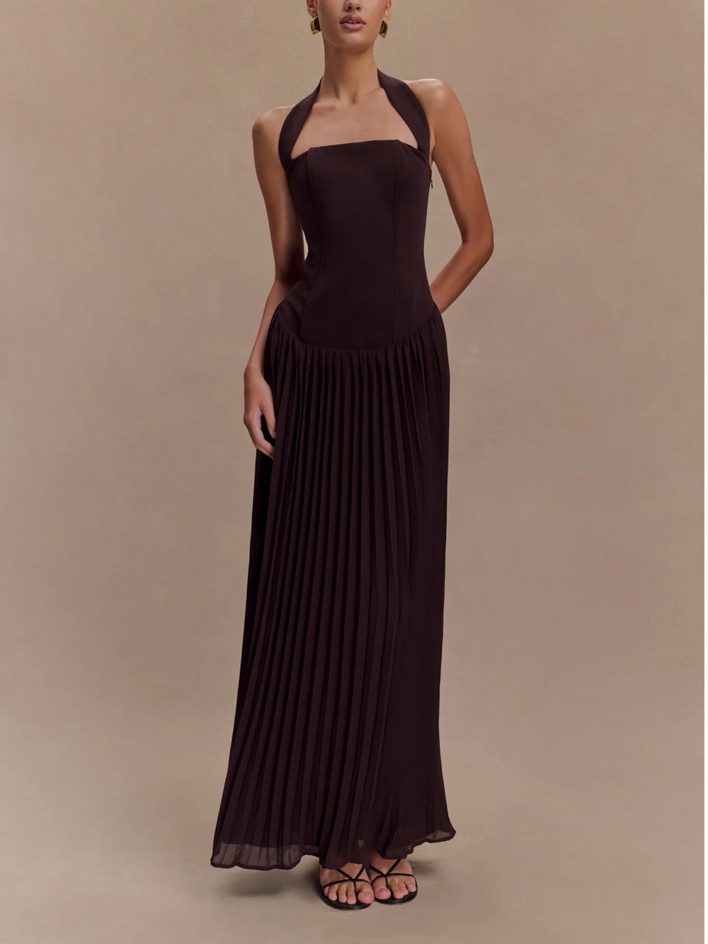 Meshki Stacie Pleated Halter Maxi Dress - Cacao